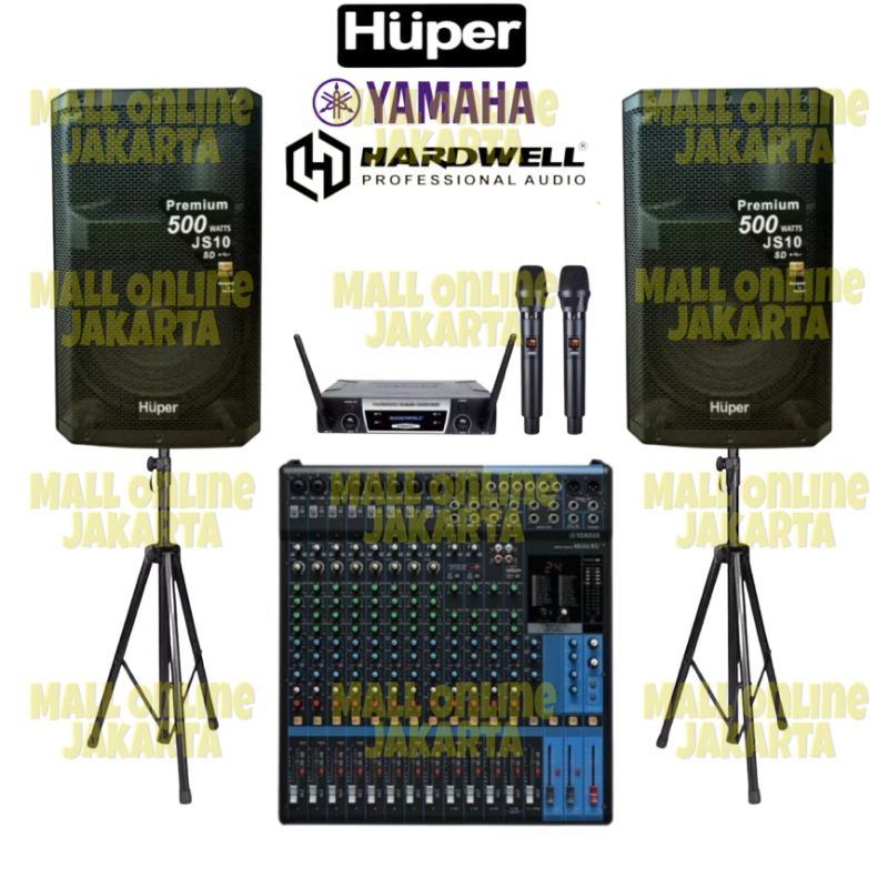 Paket speaker aktif huper 15 inch js10 original sound system outdoor indoor + mixer yamaha 16 channel original