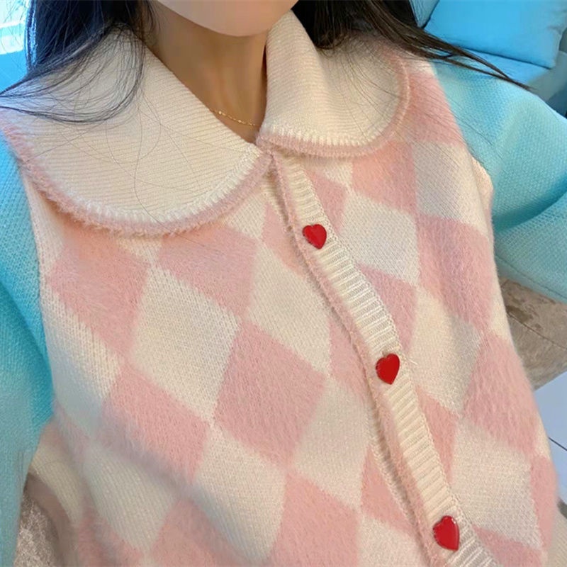 Red [Putri Catur] Hitam Kotak-kotak Sweater Kardigan Lengan Panjang Kerah Boneka Lucu Lembut Kancing Hati Merah Jacquard