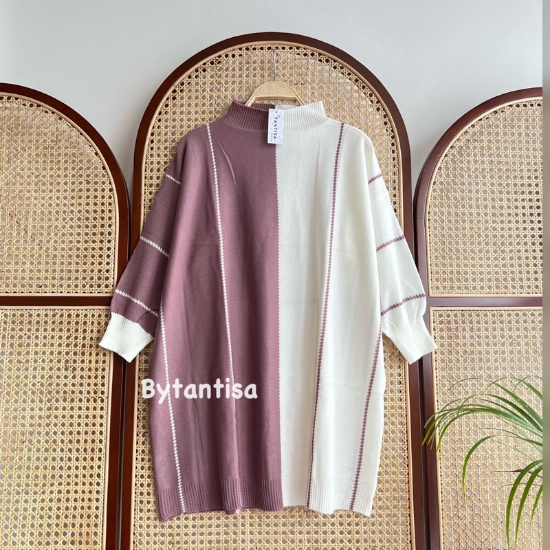 TUNIK RAJUT TWOTONE KALULA MOTIF GARIS