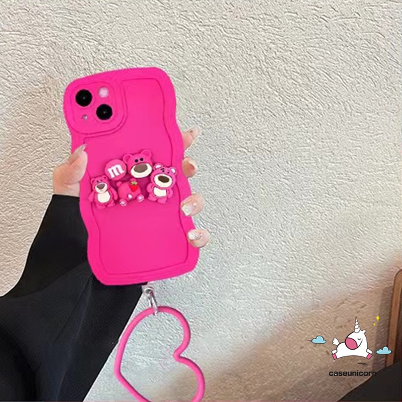 Kartun 3D Lucu Losto Decor Case Kompatibel Untuk iPhone 11 Pro MAX 7plus 8plus 14 7 8 Plus XR 14 12 13 Pro MAX X XS MAX Shockproof Simple Wave Edge Soft TPU Back Case Dengan Gelang