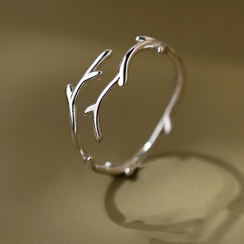 Cincin Cabang Sederhana Daun Tipis Warna Silver Dapat Disesuaikan Untuk Wanita Ladies Gadis Trendi Fashion Jari Perhiasan Hadiah