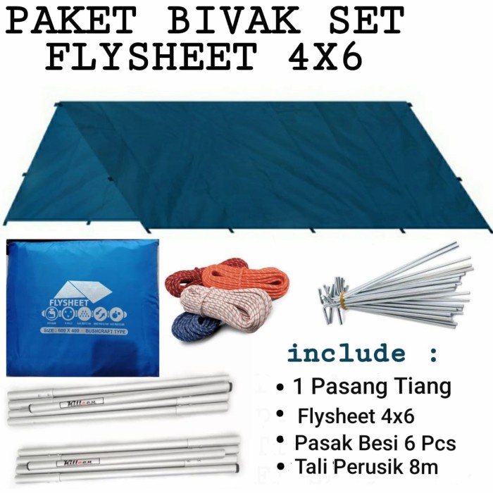 SET FLYSHEET 4X6 WATERPROOF DAN TIANG DOUBLE FREE PASAK DAN TALI