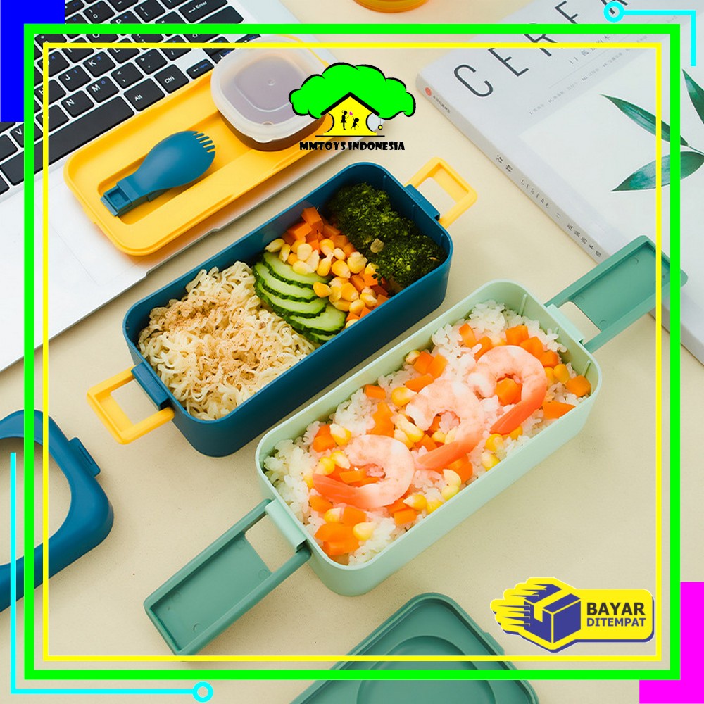 MI-C779 Kotak Makan 2 Tingkat Portable 1050ML Ada Sauce Cup / Lunch Box 2 Layer / Rantang Makanan Set Anti Tumpah