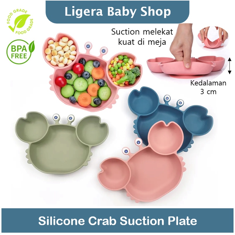 LIGERA Premium Silicone Crab Suction Plate / Piring Makan Sekat Kepiting Anti Geser Tumpah Bayi Anak