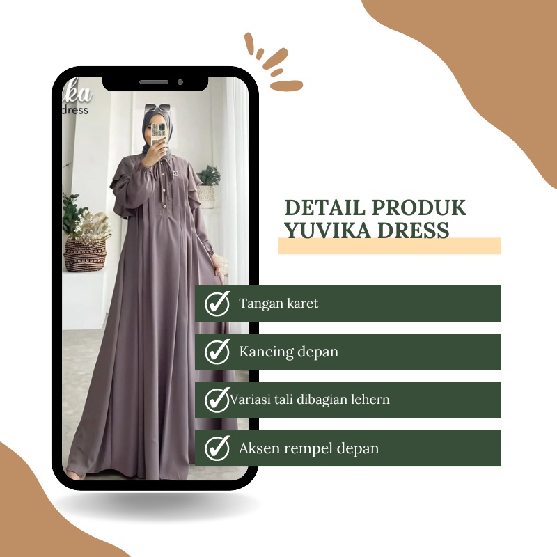 Yuvika Dress Baju Gamis Wanita Dewasa Busui Free Bross Bahan Crinkle Air Flow Premium LD 110Cm Fit To XL Jumbo / Fashion Muslim Wanita Variasi Tali Di Bagian Leher Aksen Rempel Depan Kekinian
