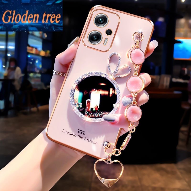 Casing Ponsel Pohon Gloden Untuk Redmi 10X 4G 10C 10Prime Plus Note11 11Pro 11S 11EPro 11E 11TPro 11R Shell Rabbit Vanity Mirror Dengan Gelang Permata