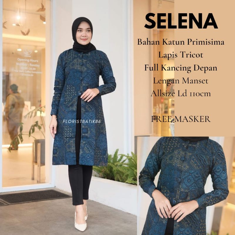 Tunik kantoran Batik Solo Premium Atasan Batik Warna Biru Wanita Batik Cap Lapis Furing Batik Kerja Modern