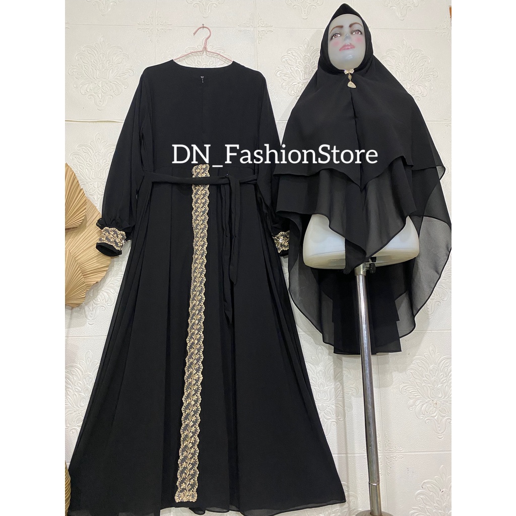 Gamis Syari Ceruty Babydoll Variasi Renda Tengah dan Tangan / Resleting Depan Tangan Kancing mix Rempel