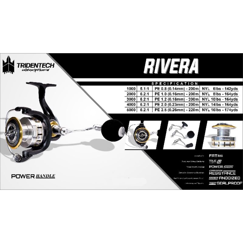 reel spinning RIVERA, tridentech Japan murah power handle,1000.2000.3000.4000.5000