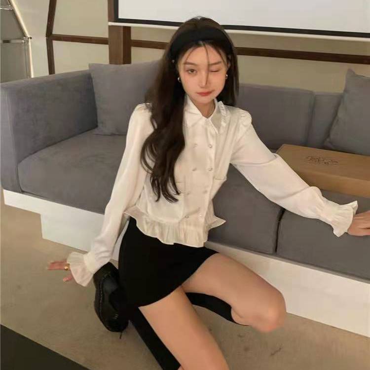 Red 2022 musim semi baru putih mengacak-acak kemeja boneka Perancis kerah pinggang ramping kemeja wanita trendi
