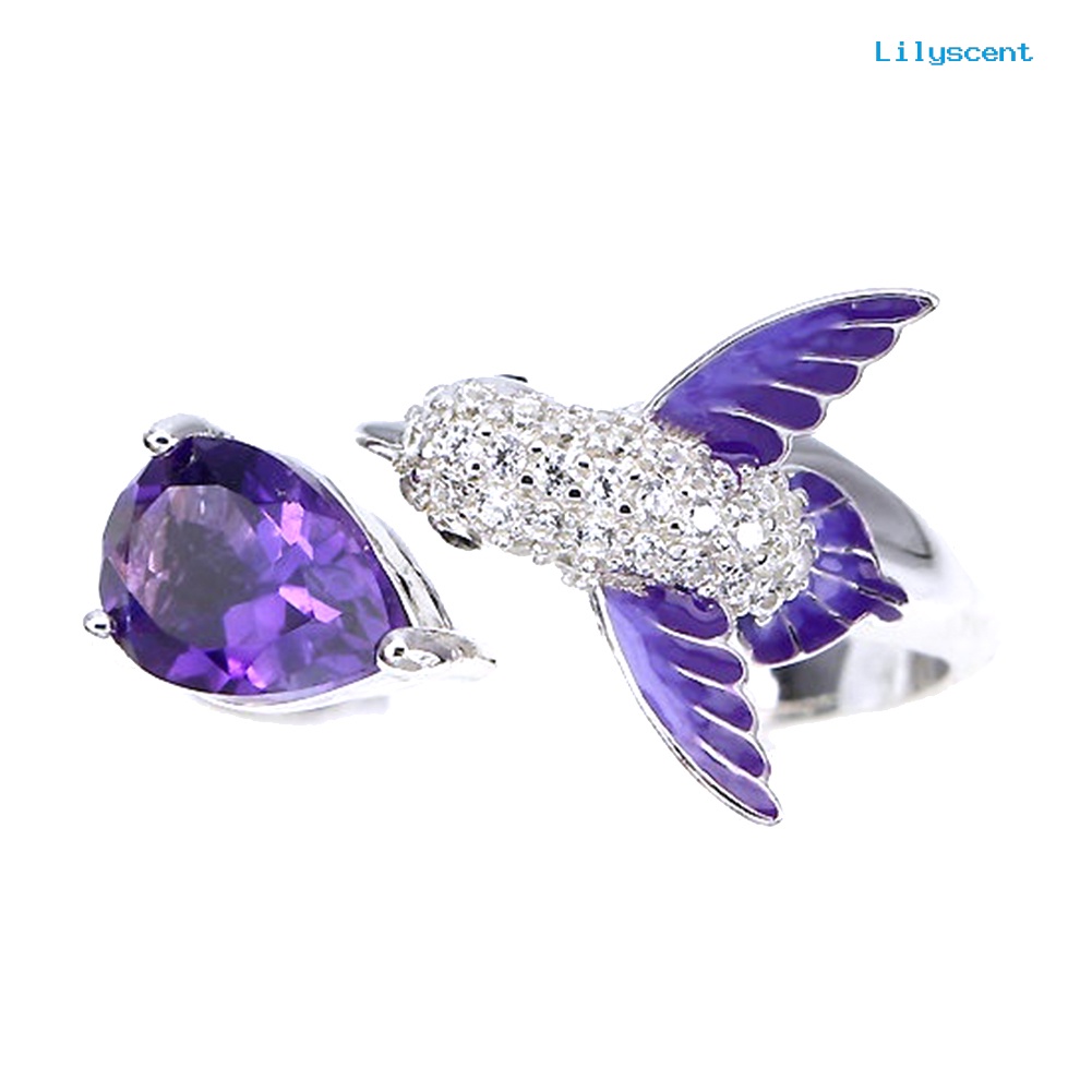 [LS] Bird Water Drop Faux Amethyst Cubic Zirconia Wanita Tunangan Kawin Cincin Terbuka