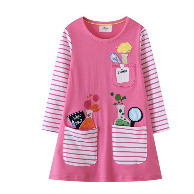 babyfit 2-6thn dress pink salur scientist premium cotton combed baju lengan panjang import ydm-0527r