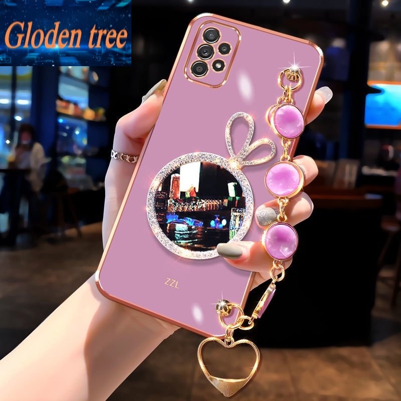 Gloden tree Phone Case Untuk Samsung S21 S21FE S21Plus S21U S22 S22U S22P S23 S23U S23P Shell Rabbit Vanity Mirror Dengan Gelang Permata