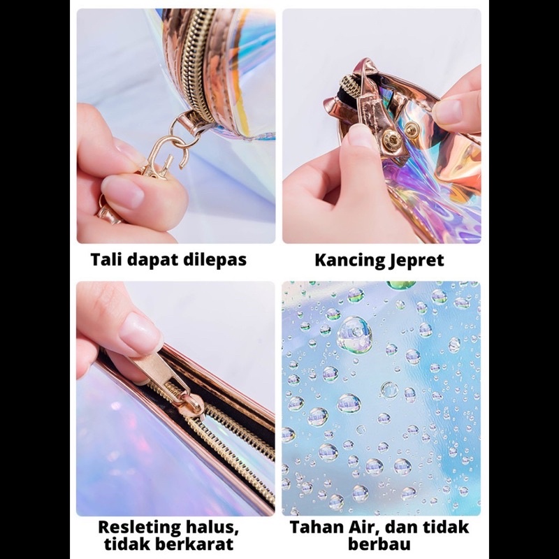 DOMPET MAKEUP TRAVEL POUCH HOLOGRAM PVC Transparan Premium Glitter Gold  Tas Makeup Mermaid Tempat Pensil Pouch Serbaguna