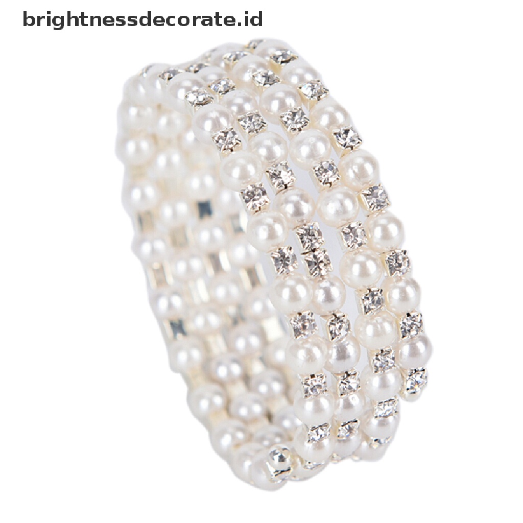 [Birth] Kristal Mutiara Multilayer Lebar Elastis Manset Gelang Bangle Wristband Perhiasan [ID]