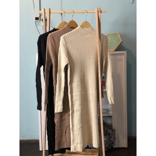 Knit Midi Dress Turtleneck Rajut