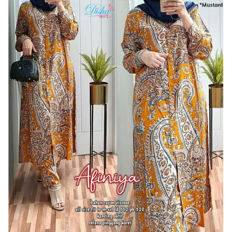 AFINIYA SETELAN ONE SET SETCEL TUNIK PANTS JUMBO CASUAL MOTIF BUNGA BAHAN RAYON VISCOSE LD 112 CM FI