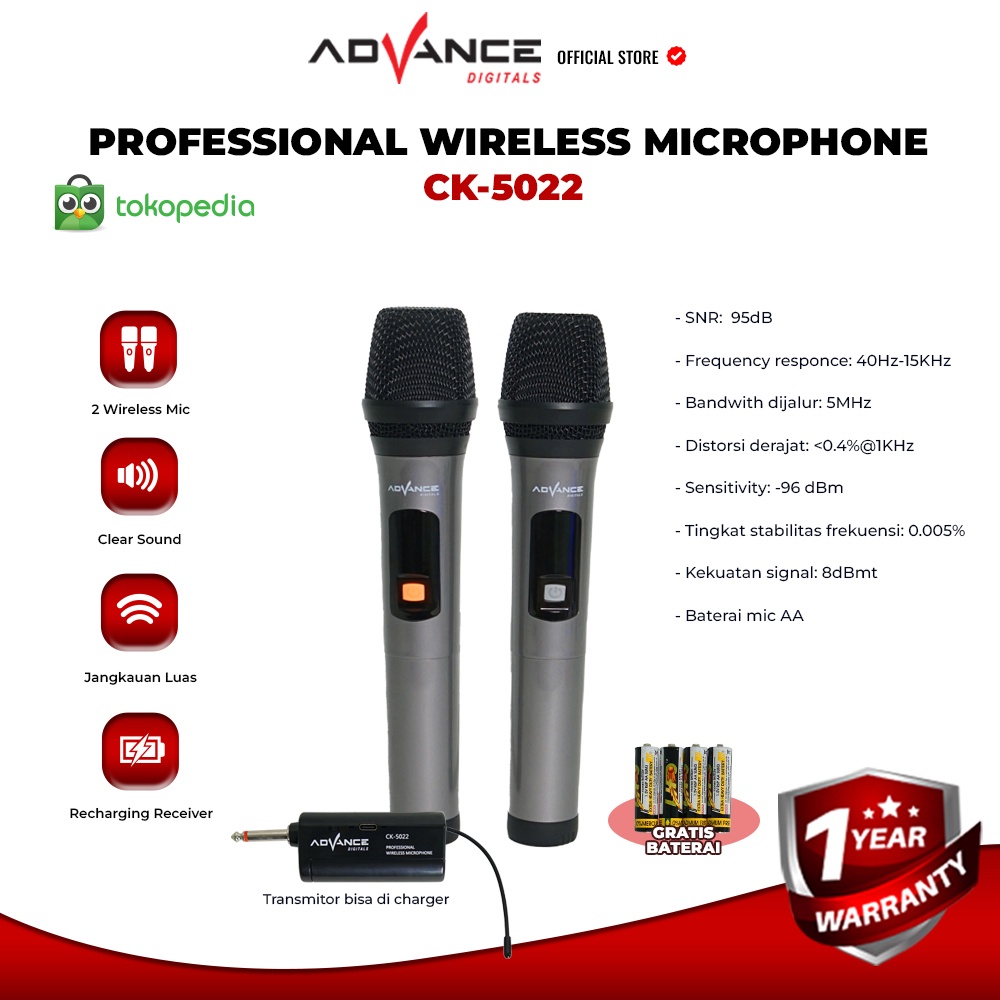 Advance Digitals Mic Ck-5022 Microphone Profesional Wireless Dual 2 Mic Duet Keren I Garansi Resmi 1 Tahun