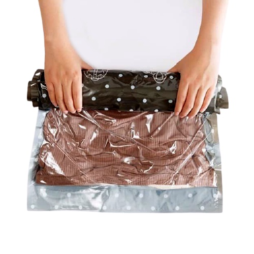 Travel Pack SET Plastik Vakum Pakaian Kedap Udara Vacuum Bag Kantong Press Baju Hand Roller Kompres Kedap Udara