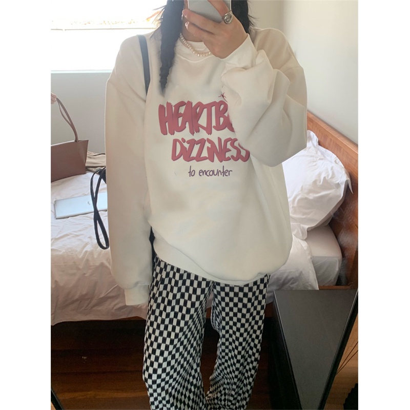 Kaos Stasan Wanita Oversize Couple Sweater American Vintage Pink Letter Cartoon Graphic Priting Top Kekinian Casual Sweater/atasan kaos wanita lengan panjang