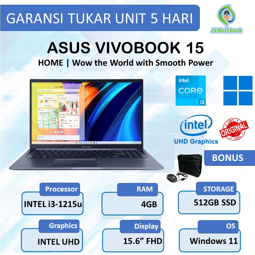 ASUS VIVOBOOK 15 A1502 INTEL i3-1215u 4GB 512SSD WINDOWS 11 15.6"FHD