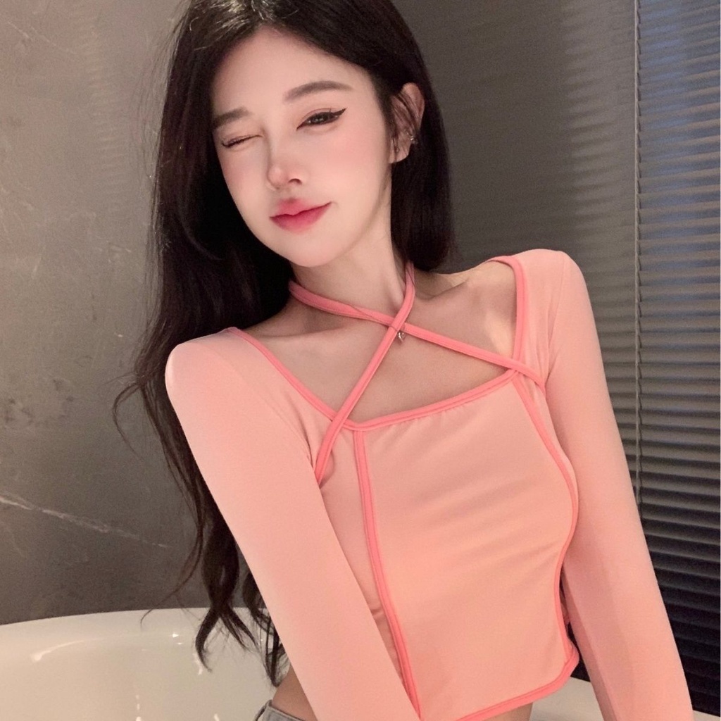 Red Awal musim gugur murni keinginan gaya sayang hot gadis cross dasi leher hit warna bahu depan slim square kerah lengan panjang T-shirt wanita chic top