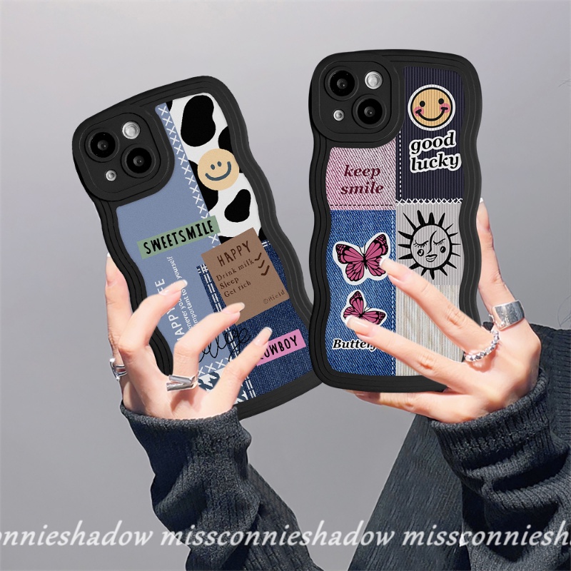 Case Untuk Samsung A04s A04 A12 A32 A50 A13 A21s A03s A53 A52 A50s A04E A22 A52s A23 A11 A33 A02s A31 A30s A20 A51 Splicing Kupu-Kupu Smiley Label Pola Wavy Edge Soft Cover