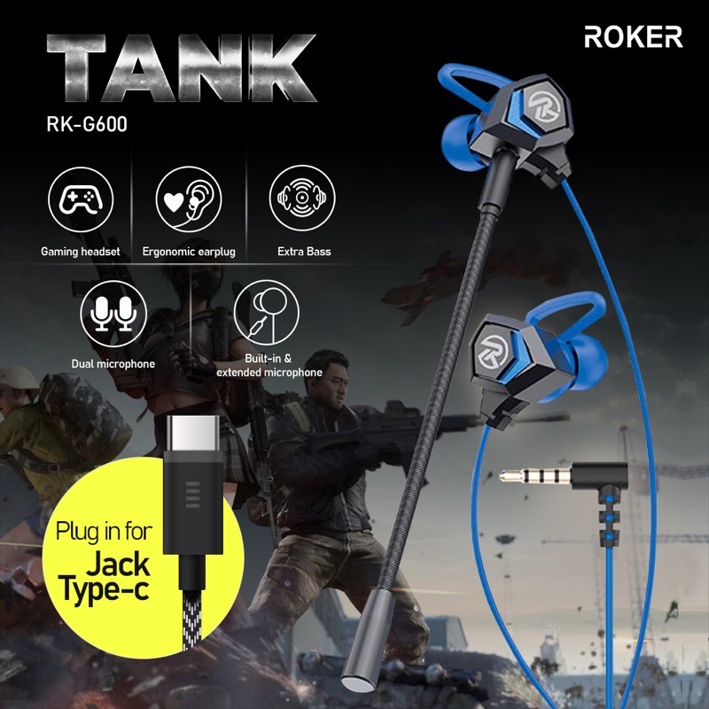 iwanbandas - roker tank headset gaming original type-c lightning earphone handsfree mic rk-g600