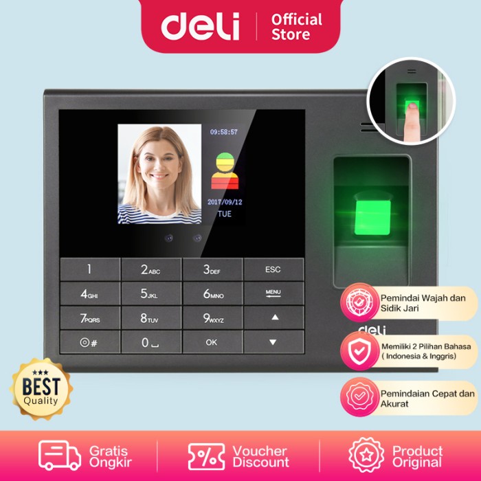 Absensi Deli Mesin Absensi Pengenalan Wajah Kapasitas Rekam 200 Wajah E3765