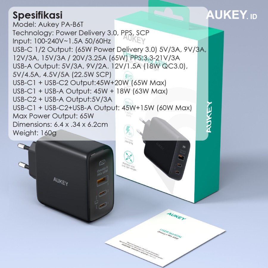 Aukey Wall Charger Omnia Mix 3 Series USB + DuaL Type C - 501540 - PA-B6T - Garansi Resmi 2 Tahun