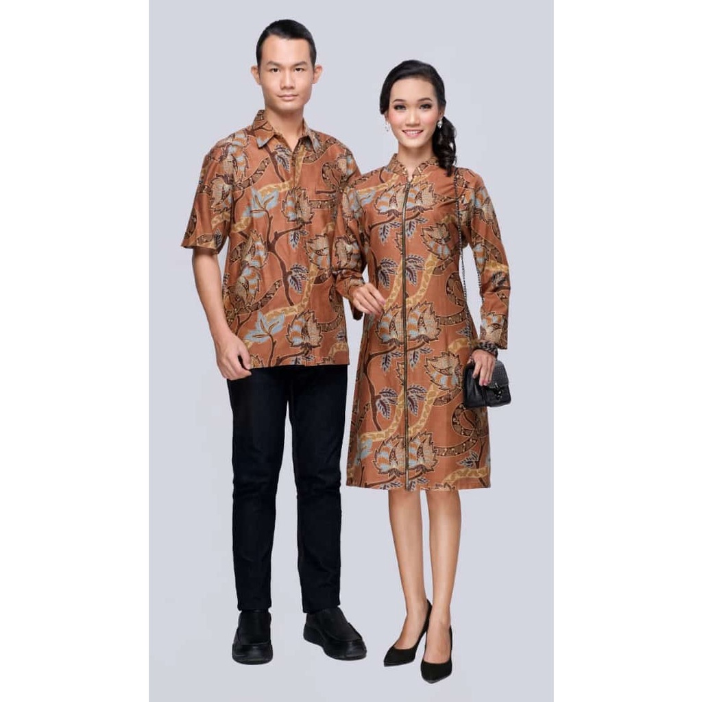 Baju Set Couple Sarimbit Kemeja Hem Tunik Dress Kerja Batik Amalia Coklat