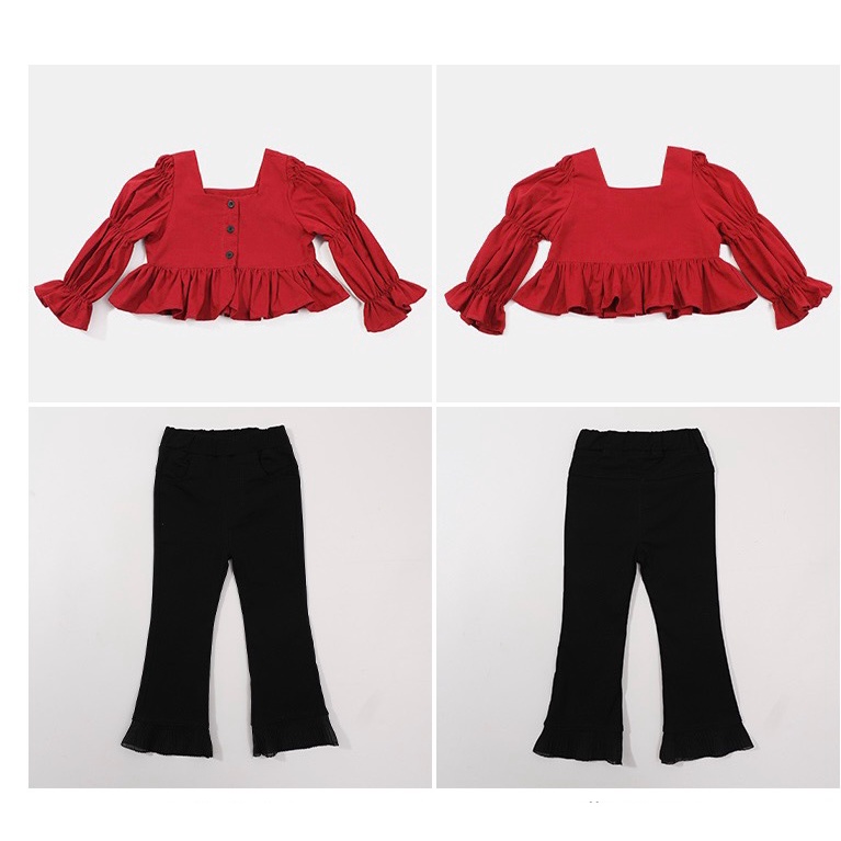 Setelan Set Anak Perempuan Merah Ruffle Korean Style + Celana