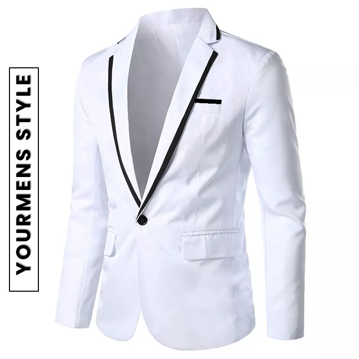 Blazer Korea Slimfit Putih List Hitam Kancing 1 Bahan High Twist Original Nikayu