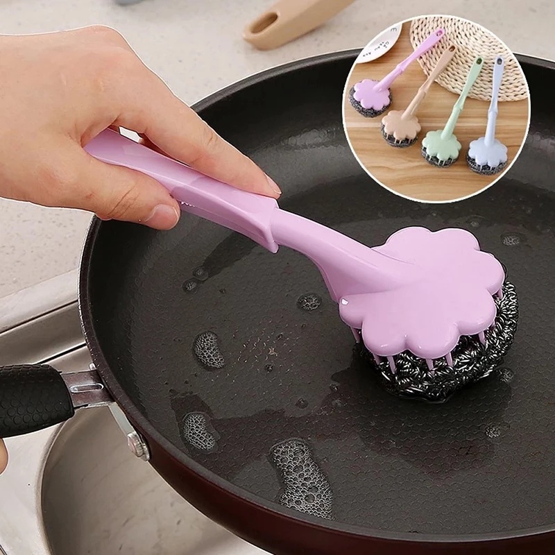 Plum Ball Cleaning Brush with Handle/Sikat Kawat Bola Stainless Steel Gagang Panjang Suspensi/Sikat Panci Cuci Piring &amp; Peralatan Makan/Alat Pembersih Dalam Wastafel Dapur