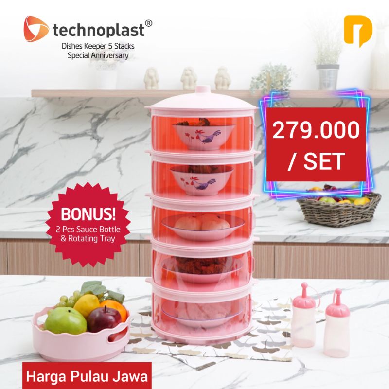 Tudung Saji, Wadah Makanan 5 Susun - Technoplast Dishes Keeper Set 5 Stacks (Pink)