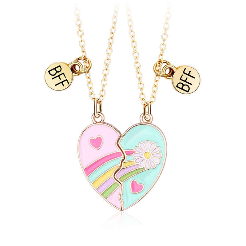 2pcs/set Lucu Warna-Warni Pelangi Bentuk Hati Liontin Rantai Sahabat Kalung Bff Persahabatan Anak Perhiasan Hadiah Untuk Perempuan