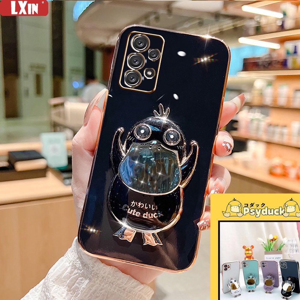 Cute Psyduck Case for Samsung A04S A23 A13 4G A03 A03S A02S A21S A12 A11 A20S A52 A52S A50 A50S A30S M11 M12 Cases Plating Duck Folding Stand Holder Rubber Soft Phone Cover
