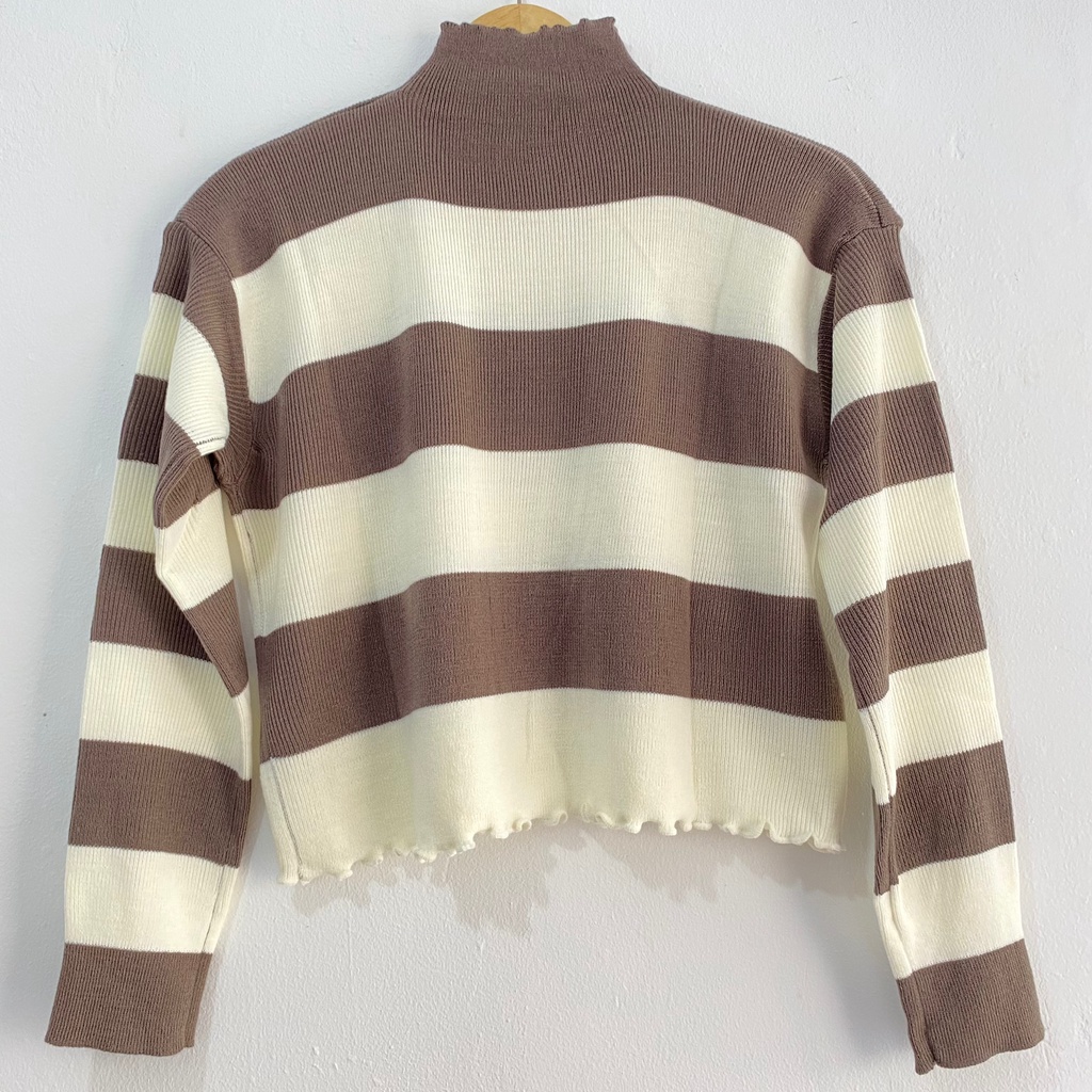 Hana Sweater Rajut Crinkle Crop Top Knit Ruffle Blouse Turtleneck Wanita Inner Striped Curly Premium Oversize Murah Halus Korean Style COD Free Ongkir