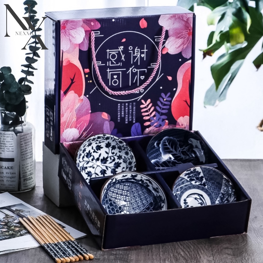 NexXio  Mangkok Set premium / Mangkuk Set Japan bah keramik / hampers Japanese Bowl set mangkok sumpit alat makan / Mangkuk Set Gift / Bahan Keramik Plus Paper Bag dan Sumpit