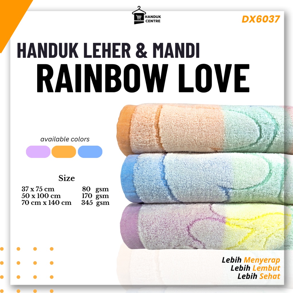 [ Handuk Centre ] Handuk Mandi PREMIUM Dewasa Motif Rainbow Love 70X140cm by Dixon || DX6037