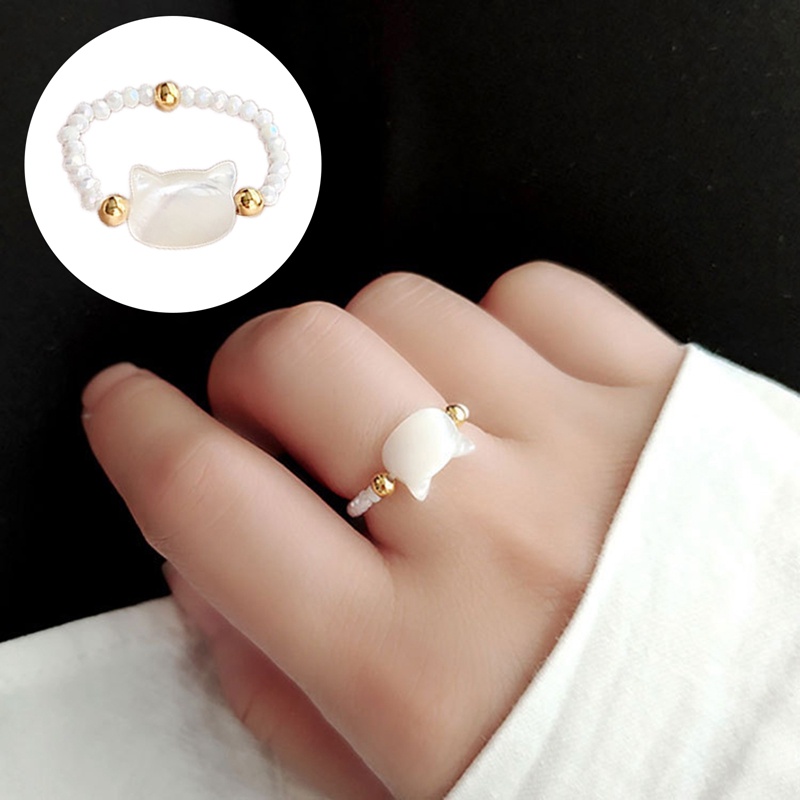Cincin Vintage Lazy Cat Face Kristal Shell Fashion Gaya Retro Adjustable Tidur Kucing Rings Untuk Wanita Pria