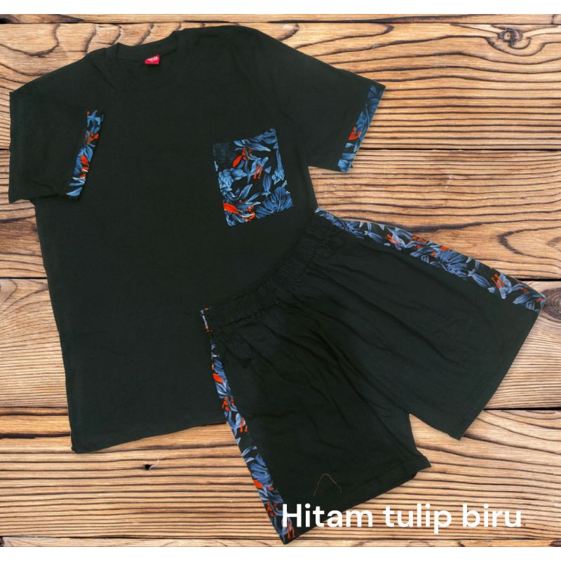 set celana pendek kaos poket taping tulip