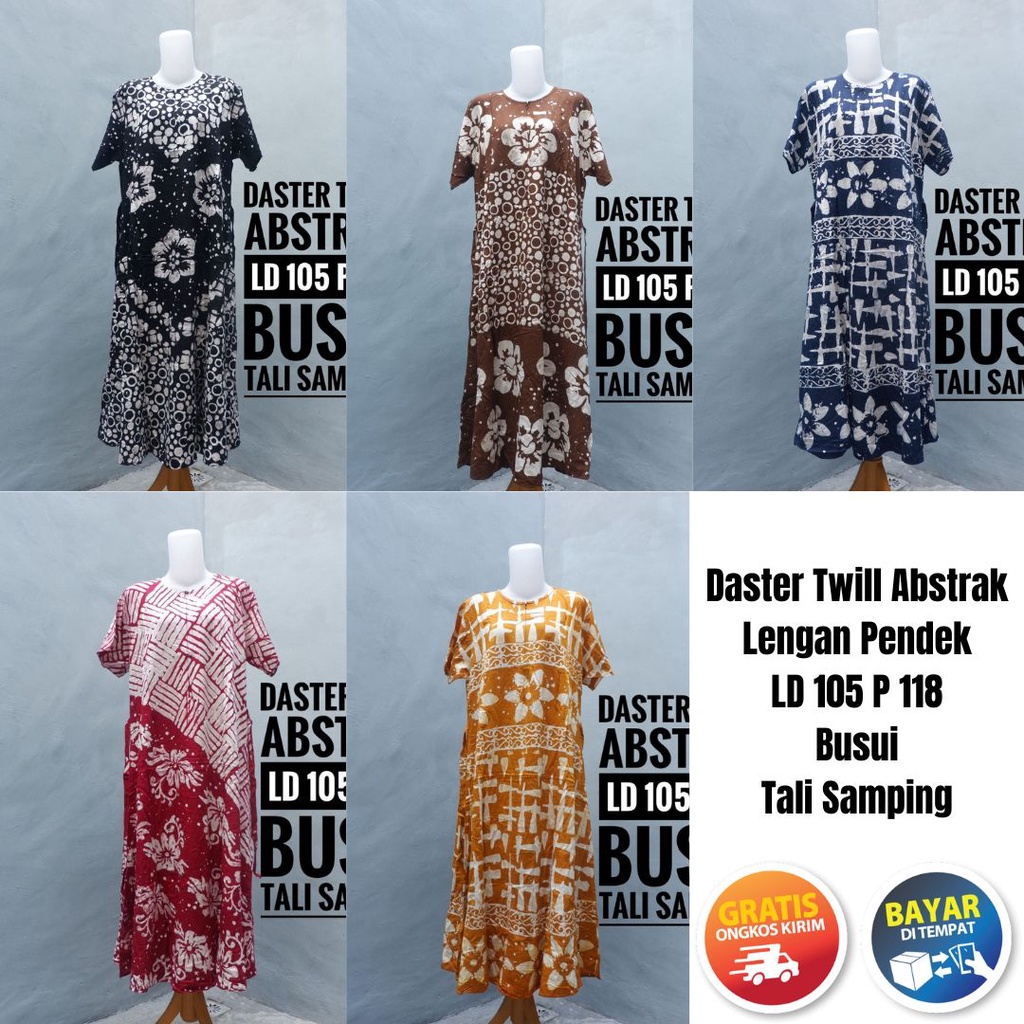 Daster Panjang Lengan Pendek Motif Batik Abstrak Busui Friendly Kekinian Resleting Depan Twill Ori P