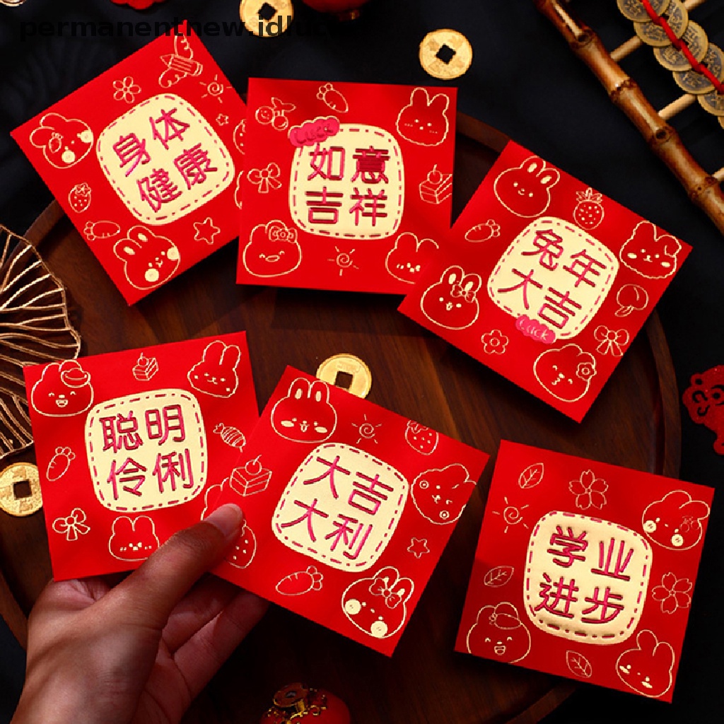 [luckypermanentnew] 6pcs 2023tahun Kelinci Kartun Amplop Merah Chinese New Year Spring Festival Red Packets Chinese Creative Cartoon Red Lucky Red Amplop [ID]