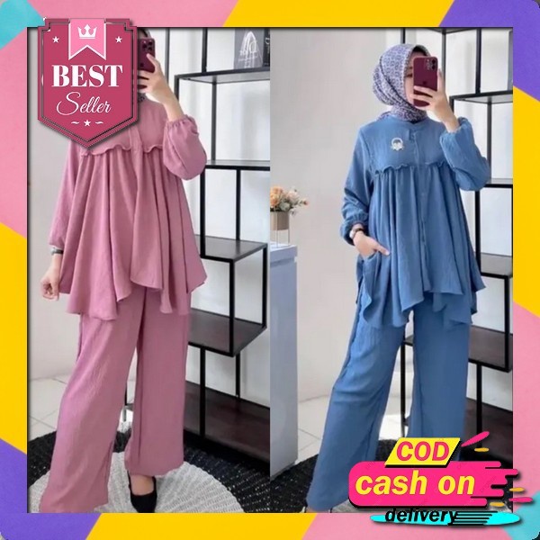Setelan Rayon Long Tunik Polos Setelan Muslimah Setelan Wanita Kekinian Jumbo One Set Wanita Korean 