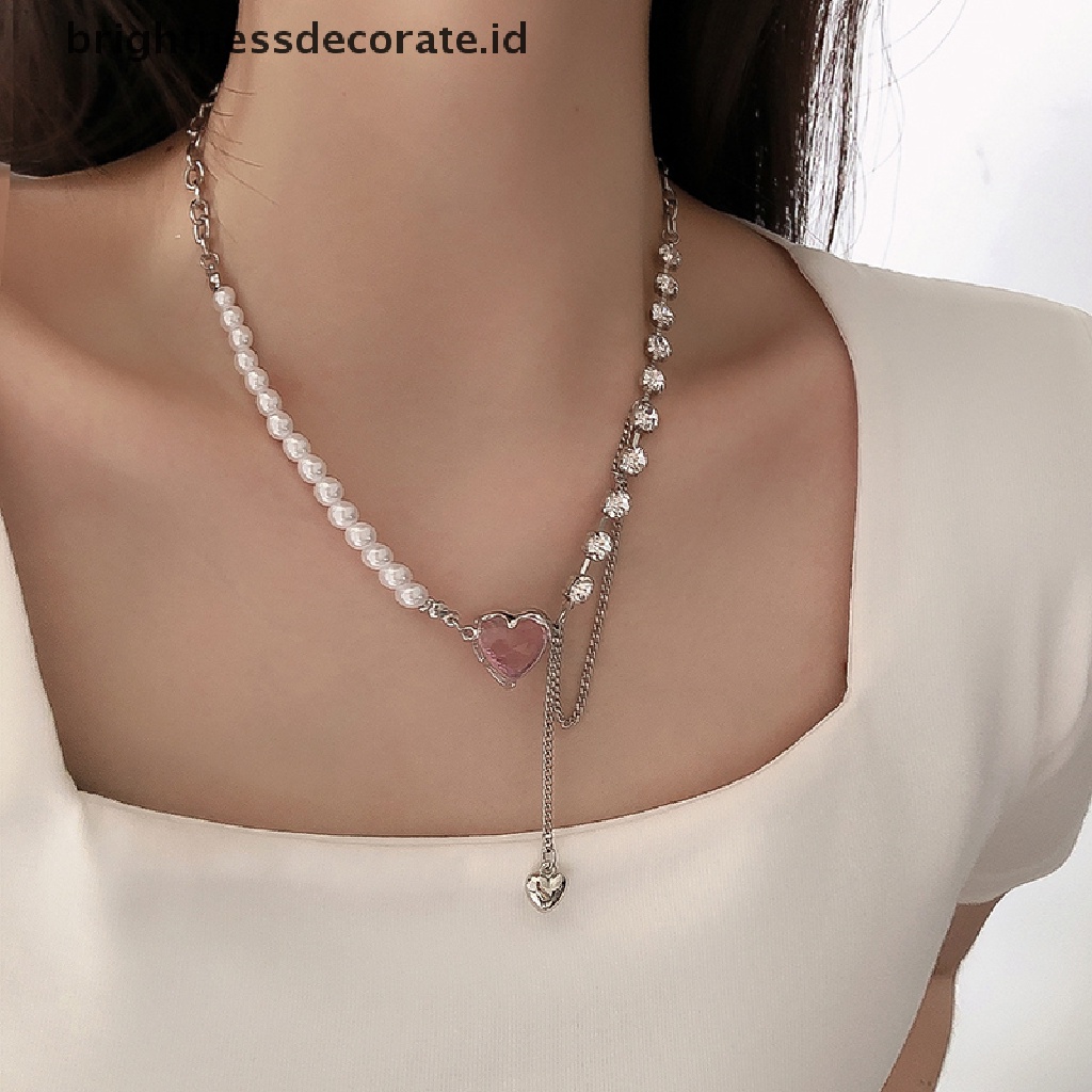 [Birth] Trendy Pink Kristal Jantung Liontin Kalung Heart Pearl Beads Chains Choker Necklace Untuk Wanita Kerah Aksesoris [ID]