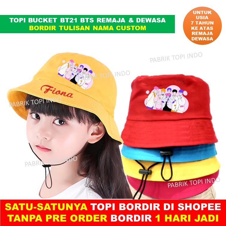 Bucket Dewasa KPOP BTS Korea BT21 Topi Custom Bordir Nama Untuk Remaja Usia 7 Tahun ke atas