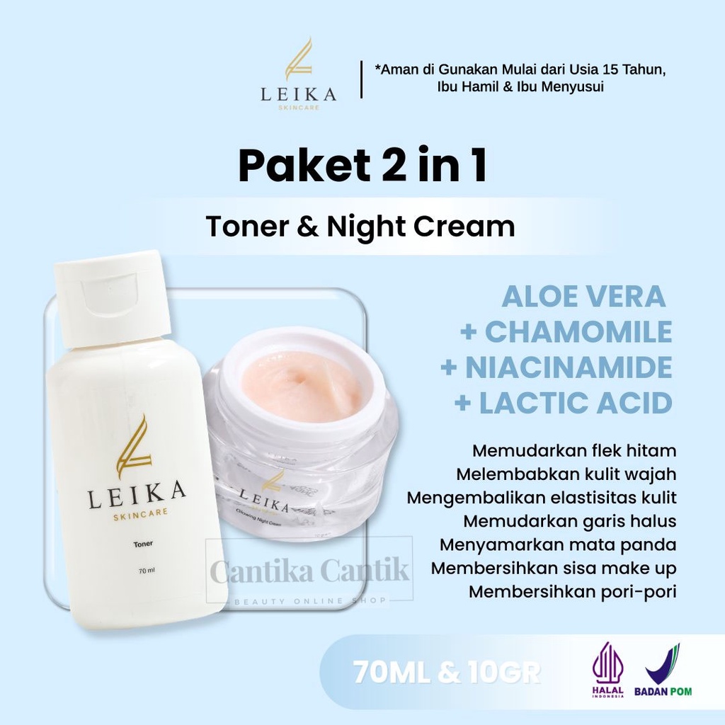 Leika Skincare Basic Pack 2in1 Toner & Glowing Night Cream Resmi BPOM