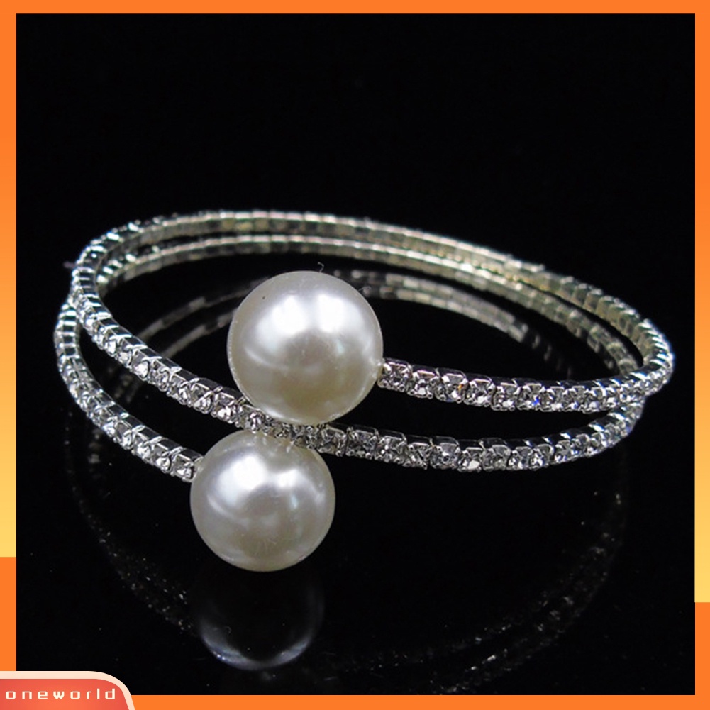 {oneworld} Wanita Penuh Berlian Imitasi Multi-layer Gelang Pergelangan Tangan Mutiara Imitasi Manset Terbuka Bangle