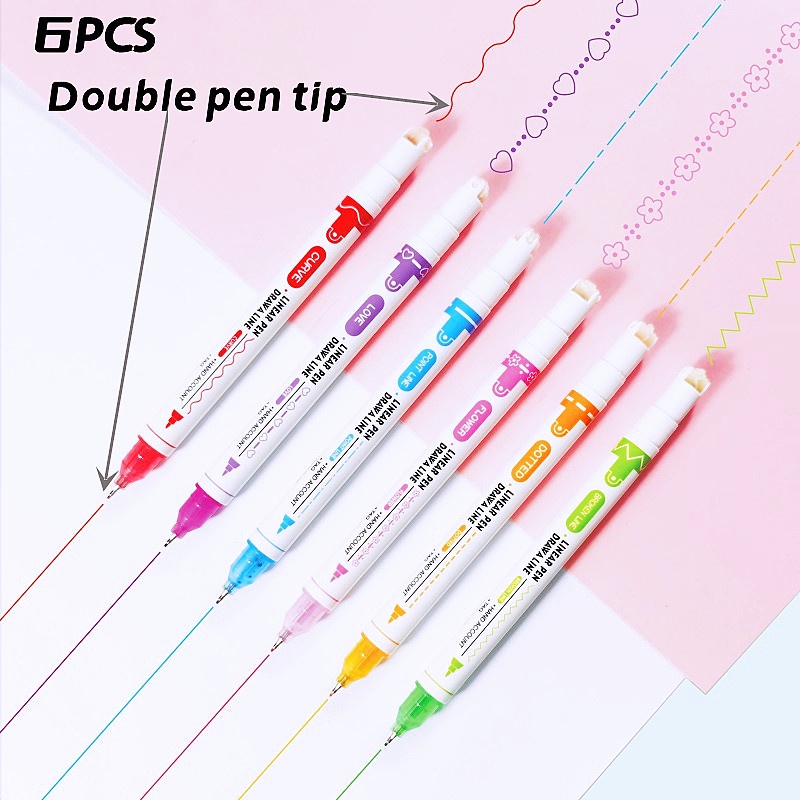 3/6/8 pcs Pena Stabilo Berkepala Dua Pena Lucu Kelopak Menggambar Tangan Bahan Akun Tangan Kurva Garis Bertitik Garis Kontur Pen Art Marker Alat Tulis